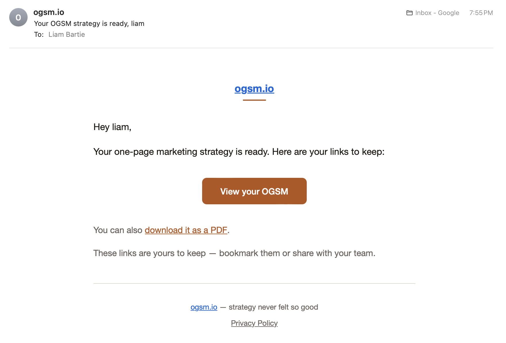 The delivery email with PDF link